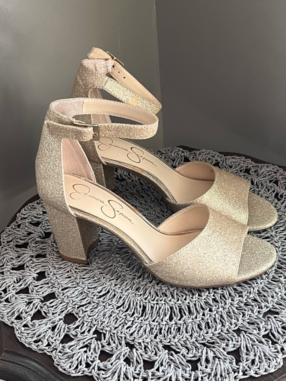 Jessica Simpson Gold Glitter Block Heel Sandals
